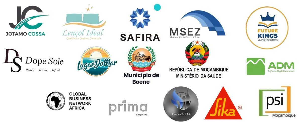 Logótipos de clientes da Real Brilho: Jotamo Cossa, Safira, MSEZ, Ministério da Saúde, Município de Boene, Sika, entre outros